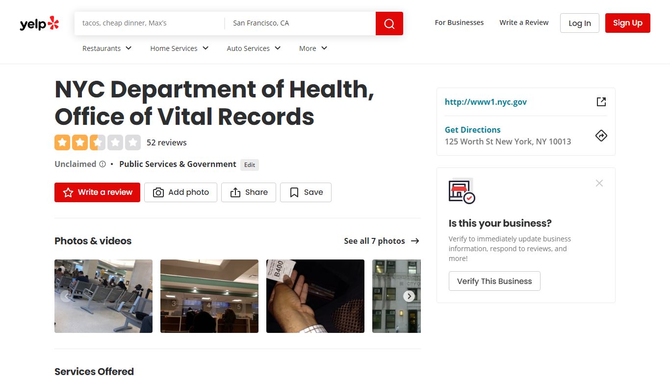 NYC Department of Health, Office of Vital Records - Yelp